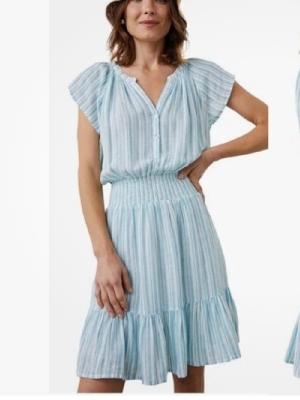 Rails Augustine Laguna Blue Stripe Linen Smocked Tiered Mini Dress Size Medium